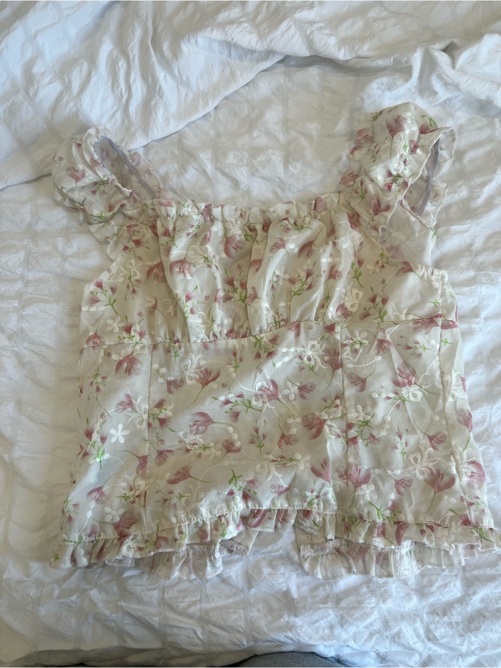 Floral Ruffle Crop Top in Cream and Pink